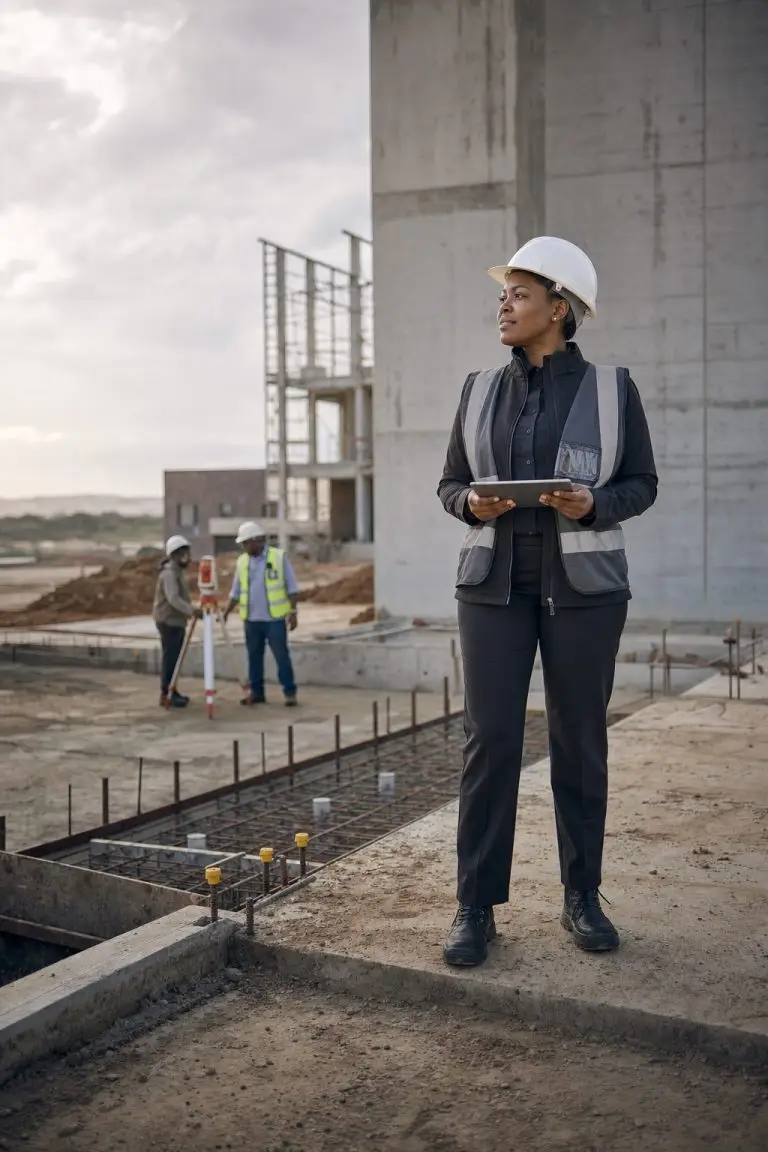 Black female construction project manager holding a tablet on a South African building site