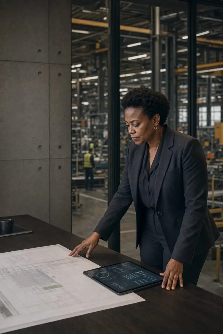 Black female industrial executive reviewing facility plans and performance data