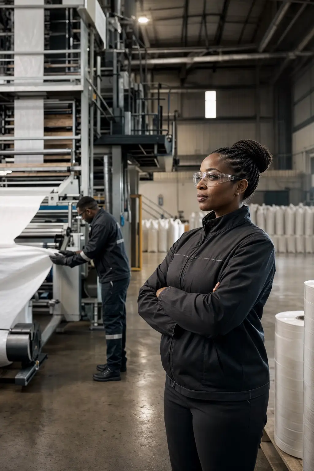 Black female manufacturing leader on a polypropylene packaging production floor